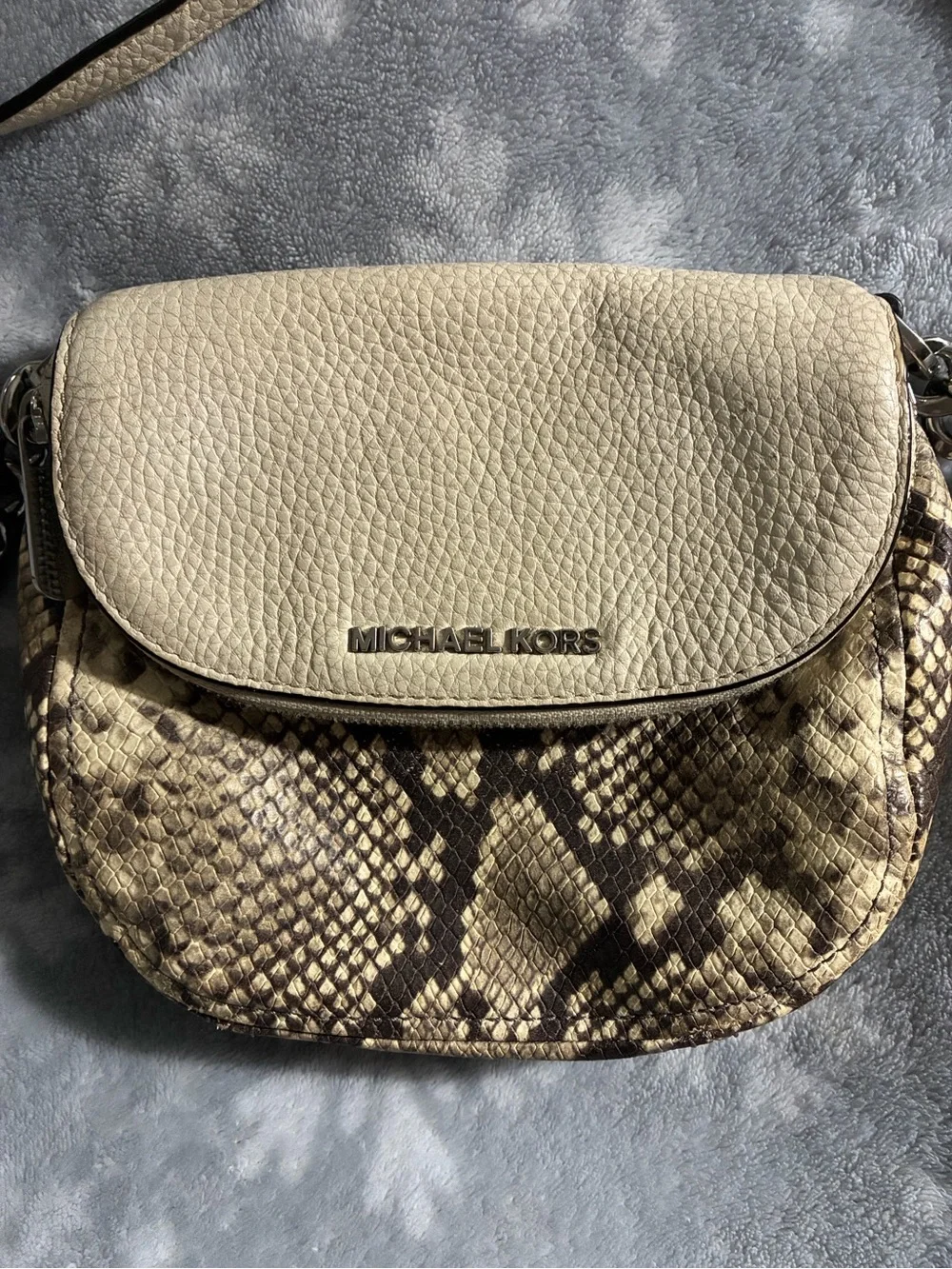 Michael Kors Cream & Brown Snake-Print Crossbody Saddle Bag
